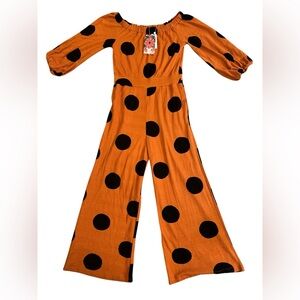 Anthropologie Orange Off-Shoulder Polka Dot Jumpsuit